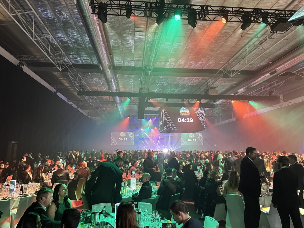 Stage and truss setup by Elite Event Technology at the Master Builders ACT Excellence Awards, featuring F33, F34, F45, Pre-Rig, U-Drops, and Global Stage.