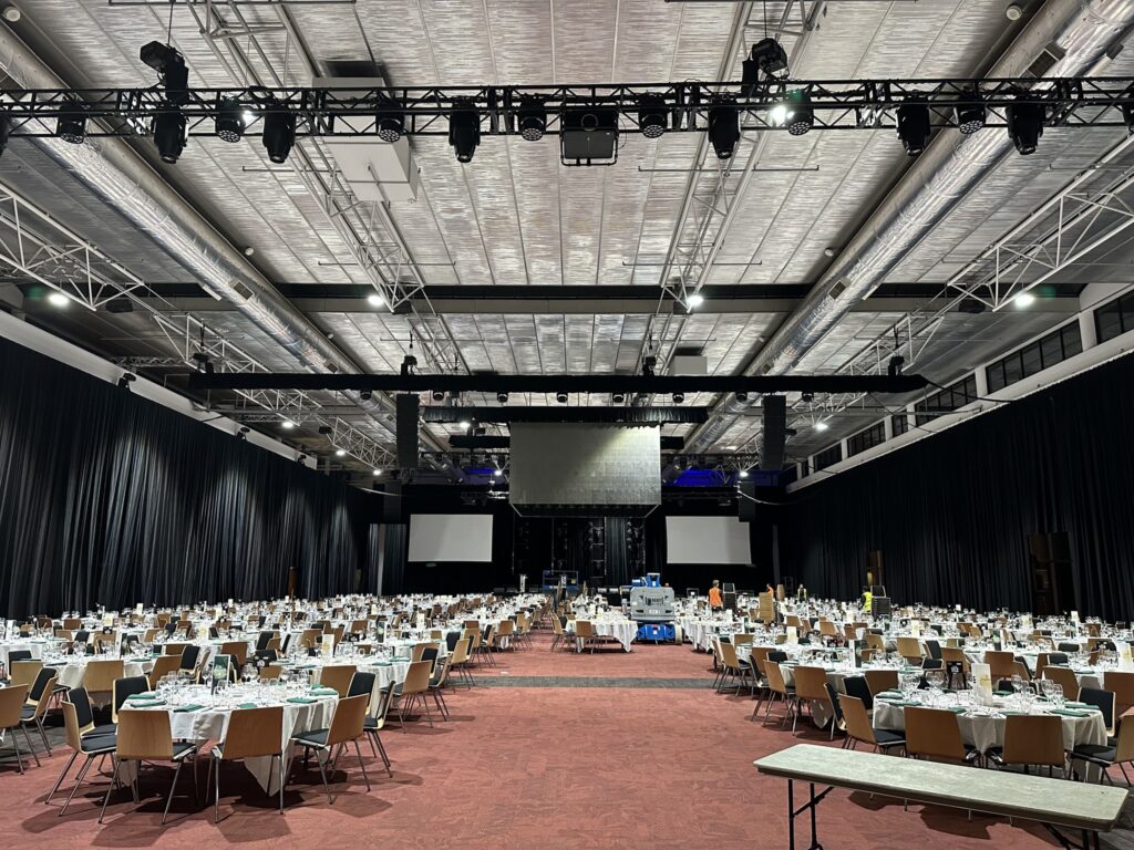 Stage and truss setup by Elite Event Technology at the Master Builders ACT Excellence Awards, featuring F33, F34, F45, Pre-Rig, U-Drops, and Global Stage.