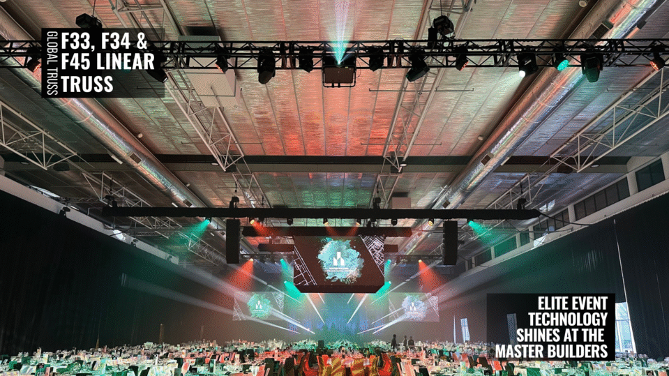 Elite Event Technology setup at the Master Builders ACT Excellence Awards using Global Truss F33, F34, F45, Pre-Rig, U-Drops, and Global Stage.