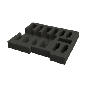 Ovation CNC foam insert holding 4 Sennheiser wireless microphones and 4 beltpacks in ES-AC-RD2UB-LR case