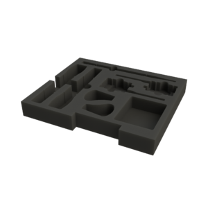 Ovation CNC foam insert holding Sennheiser wireless microphones, beltpacks, mic clips and dipole antennas in ES-AC-RD2UB-LR case