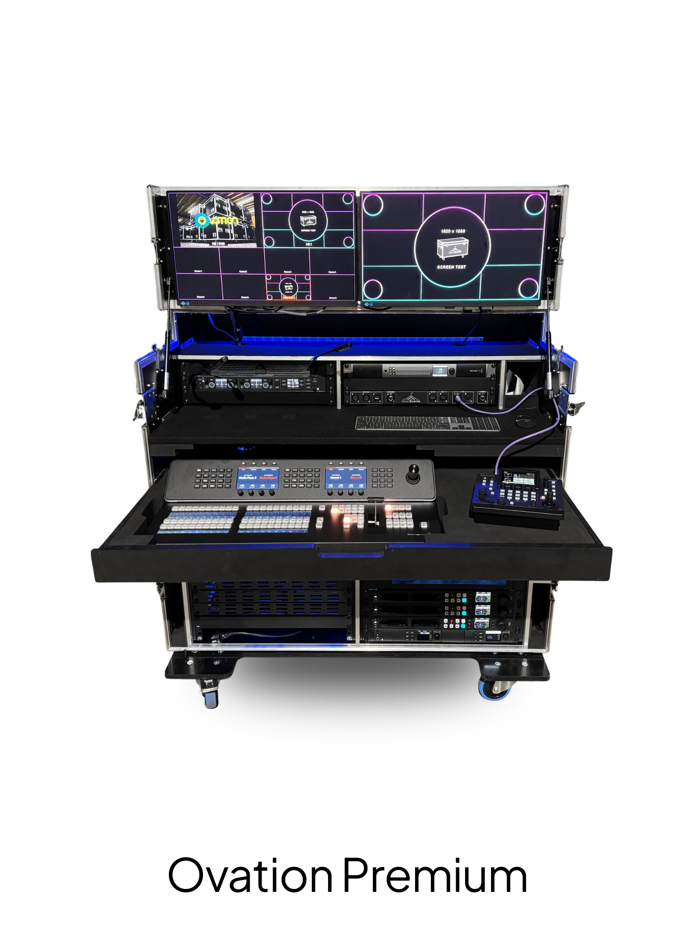 Ovation Premium custom road cases made with laminated birch plywood and premium hardware for AV, lighting, staging, and tech equipment. Howies Case featured in pic