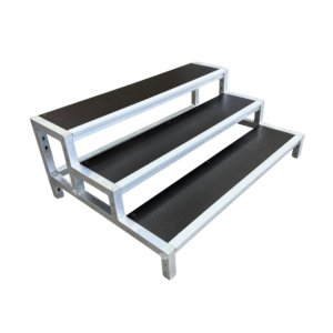 Performer Stage modular step with aluminium legs, non-slip plywood top, and anti-slip stair nosing, suitable for indoor and outdoor stages.