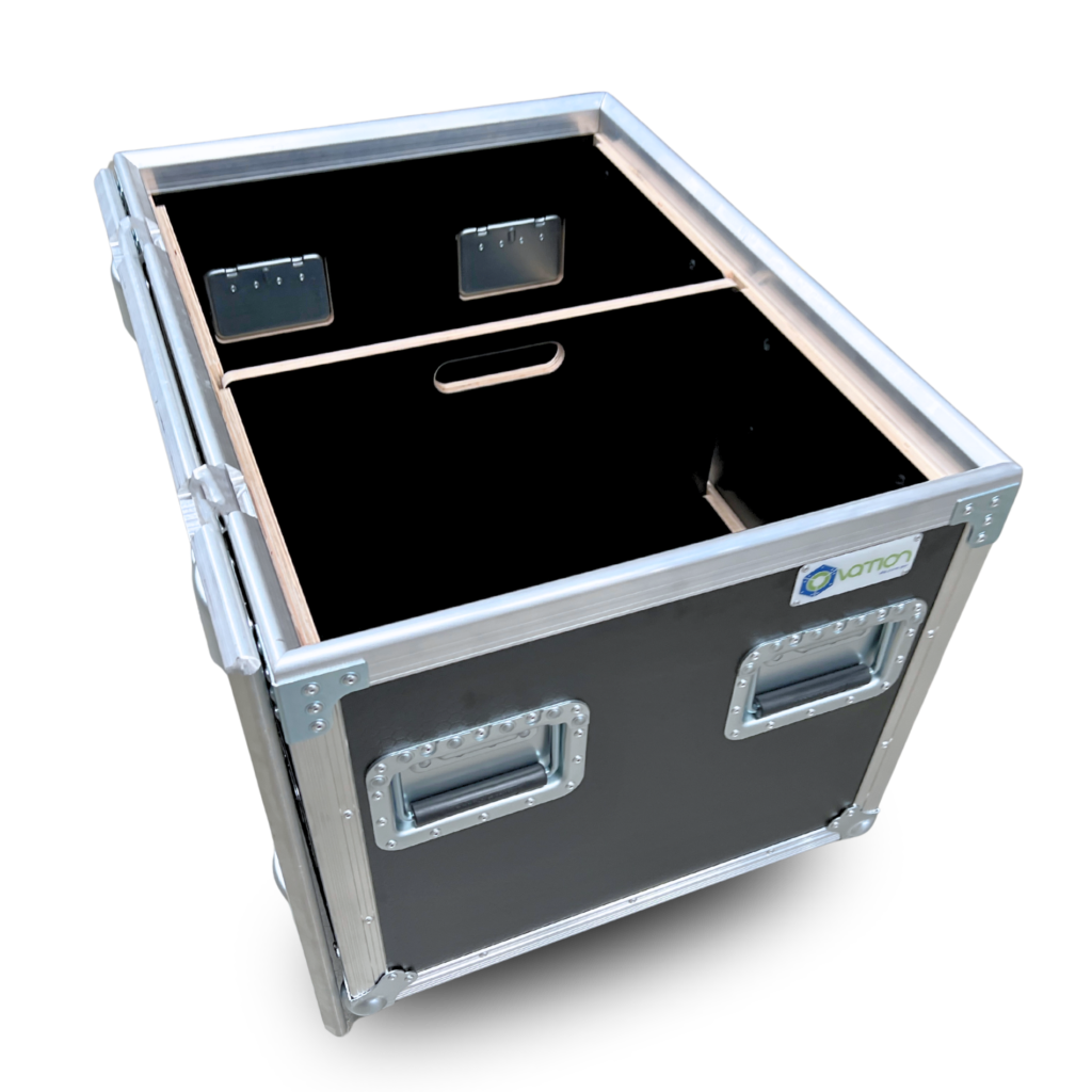 Open Chain Hoist Case 800mmW x 600mmD x 660mmH OD showing 18mm black hex plywood interior with wooden divider and internal compartments for chain hoist storage.