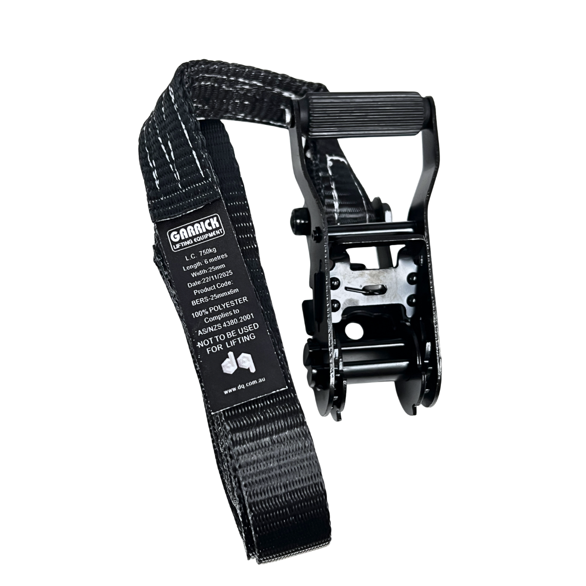 6mL x 25mmW Black Endless Ratchet Strap with 750kg L.C. Made from 100% polyester and compliant with AS/NZS 4380:2001 for safe, reliable load restraint.