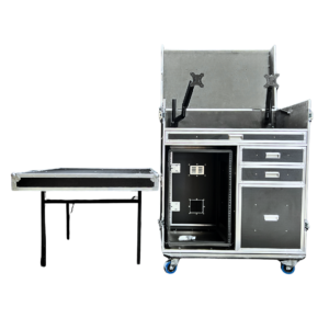 Ovation Work Station Drive Rack Touring Case with dual monitor arms and anti-vibration rack for broadcast and live production applications.