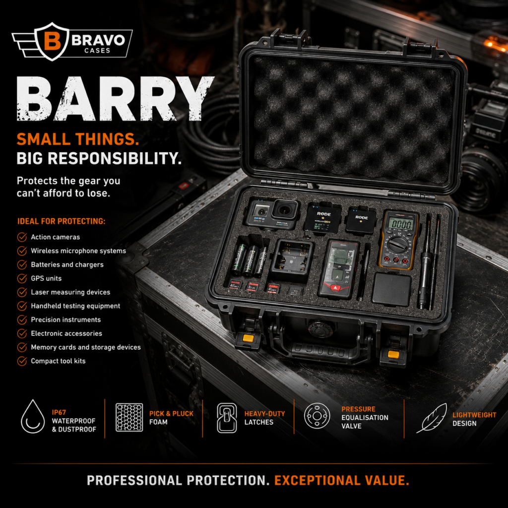 Barry Bravo waterproof hard equipment case with custom foam holding two action cameras, two compact wireless microphone units, a digital multimeter, laser distance meter, rechargeable batteries, battery charger, memory cards, torch and electronic accessories.