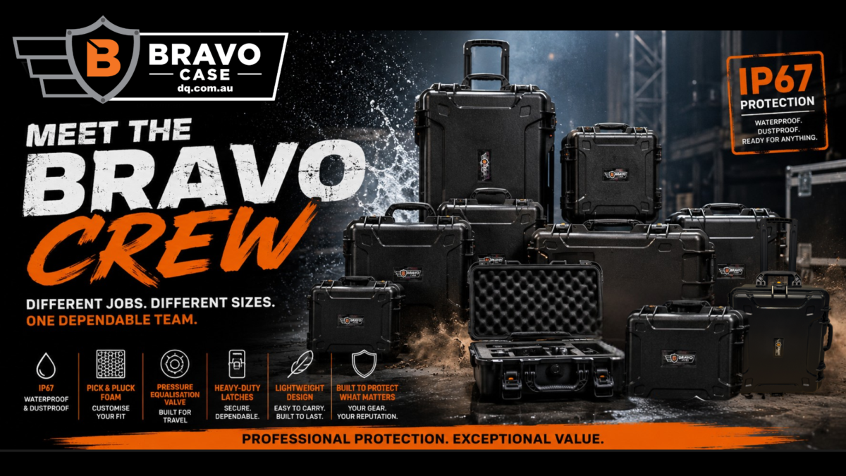 Bravo Cases hard case range showing all 11 waterproof equipment cases from Barry to Bruce with the slogan "Tough Family. Hard Cases.