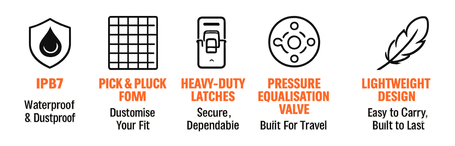 Bravo Cases feature icons showing IP67 waterproof and dustproof protection, customisable Pick & Pluck foam, heavy-duty latches, automatic pressure equalisation valve and lightweight design.