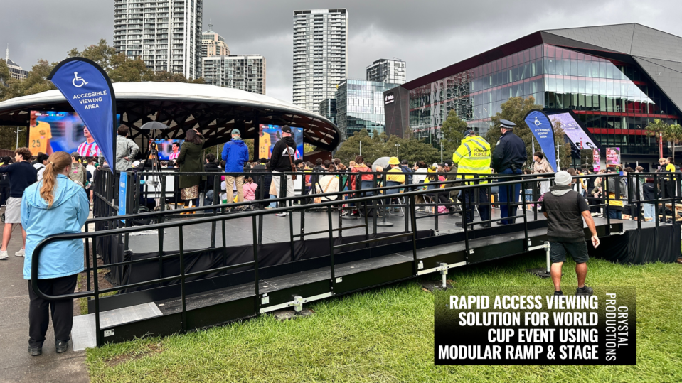 DQ Performer Stage Decks and Modular Access Ramp System working together to create a safe, accessible staging solution for a busy outdoor public event.
