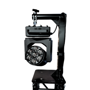 Global Truss GT-A-RIG-HMAN34 F34 Lighting HangMan Plate supporting an EK Lights EC7 moving head beneath an F34 aluminium truss tower