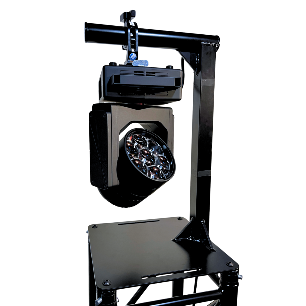 Global Truss GT-A-RIG-HMAN44 F44 Lighting HangMan Plate supporting an EK Lights EC7 moving head beneath an F44 aluminium truss tower