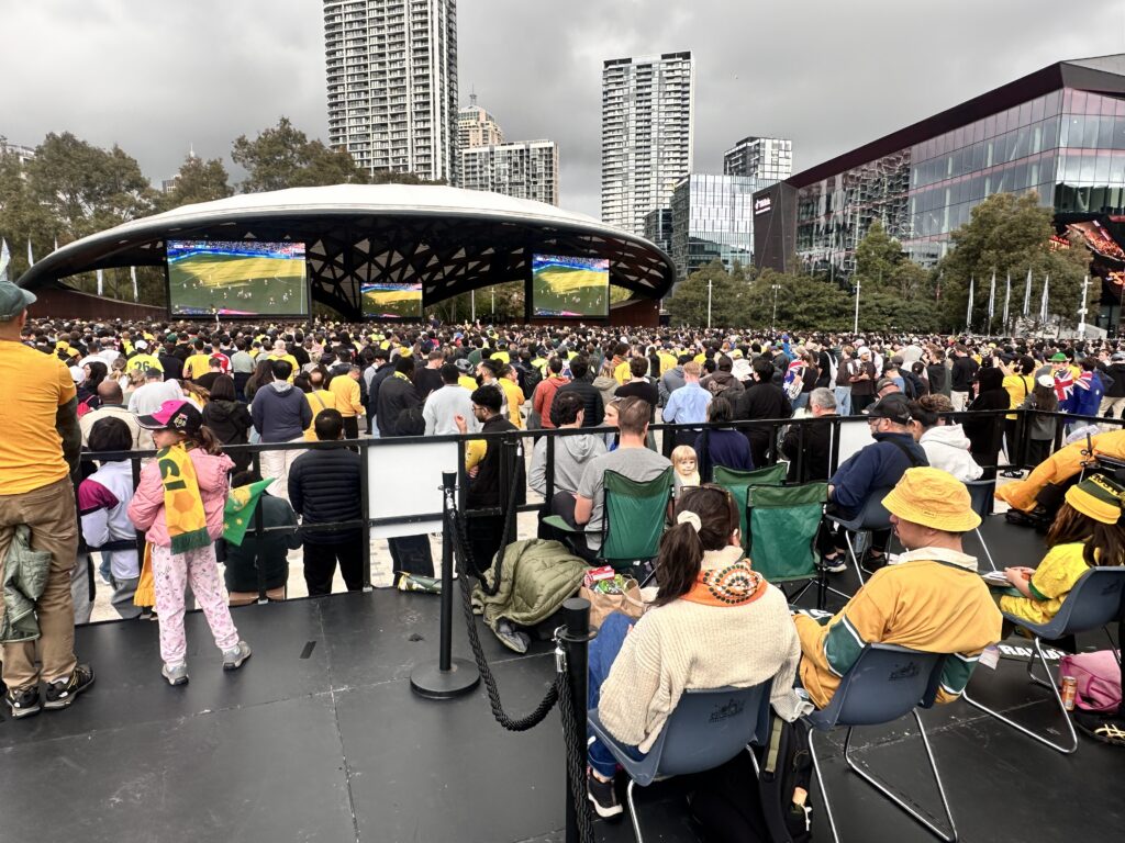 Crystal Productions' outdoor modular stage solution using DQ Performer Stage Decks, providing a safe and reliable platform for a large-scale public viewing event at Tumbalong Park.