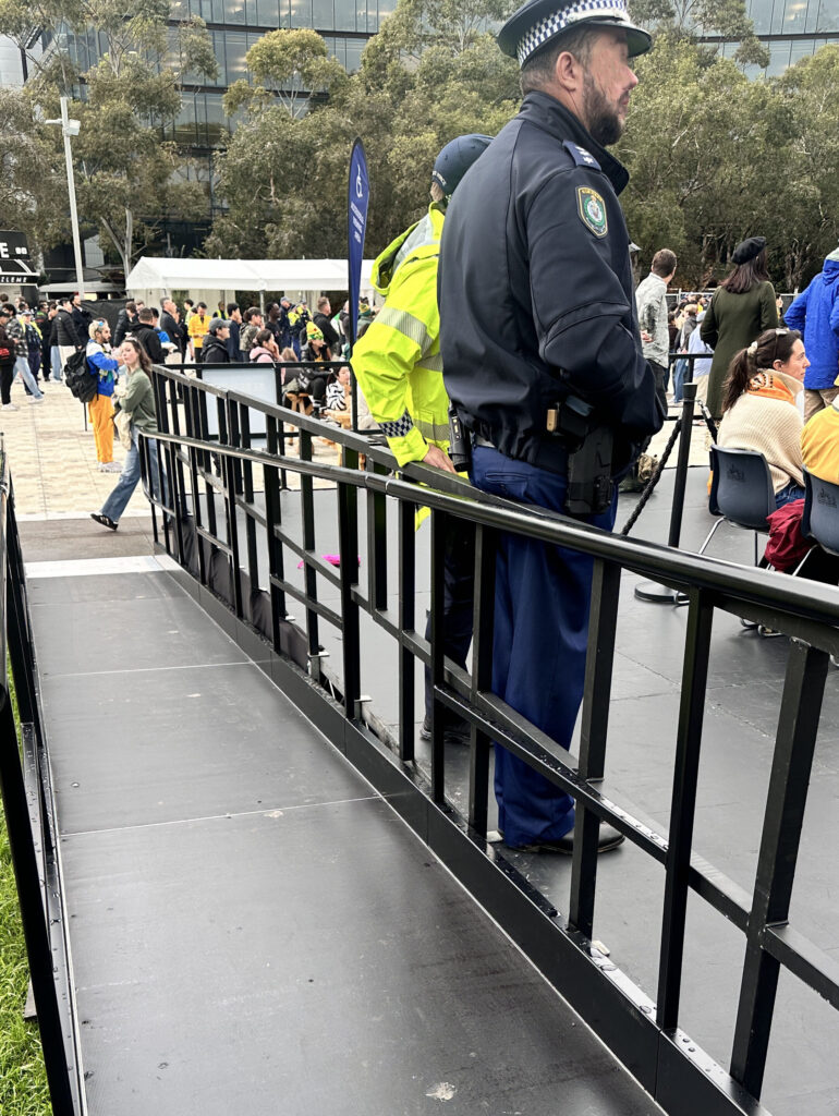 DQ Modular Access Ramp System integrated with Performer Stage Decks, providing compliant and accessible access for temporary outdoor event infrastructure.
