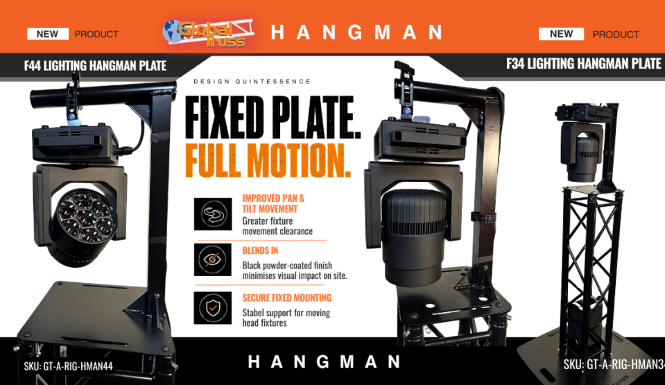 Global Truss F44 HangMan Plate campaign showing a moving head fixture mounted beneath F44 aluminium truss for improved pan and tilt movement.