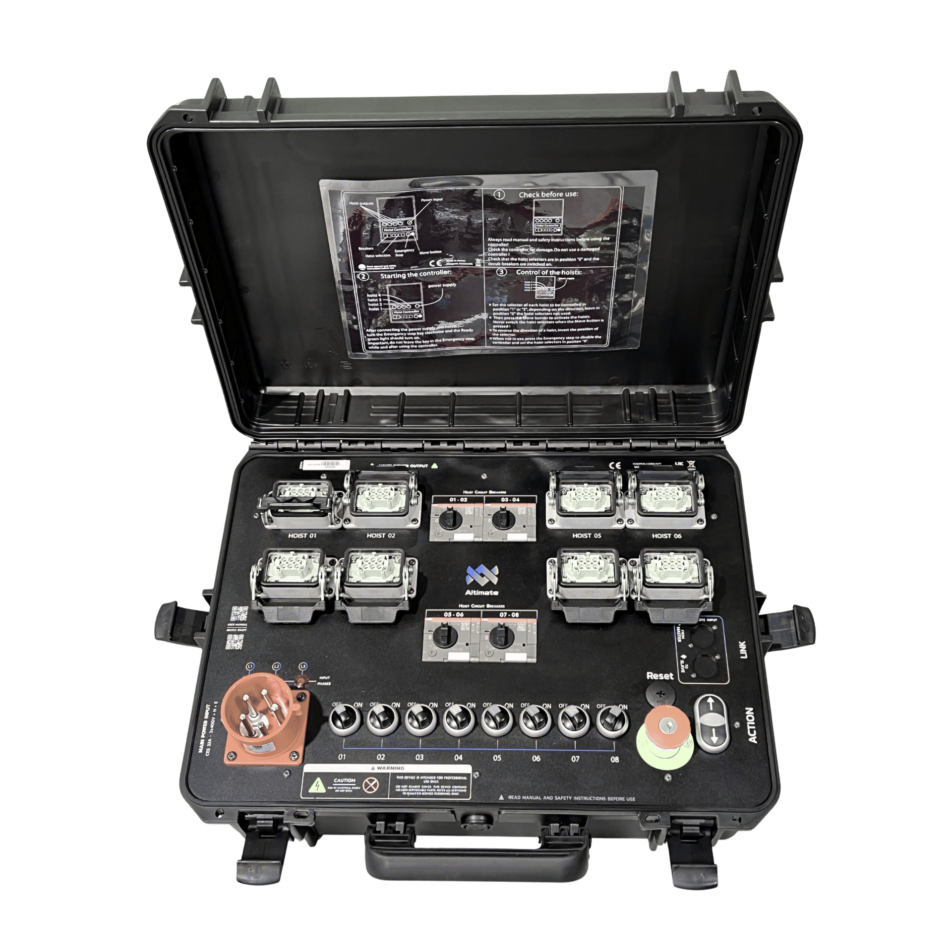 Altimate BoxMate 8-channel low-voltage hoist controller with 8 Harting connectors and individual channel controls