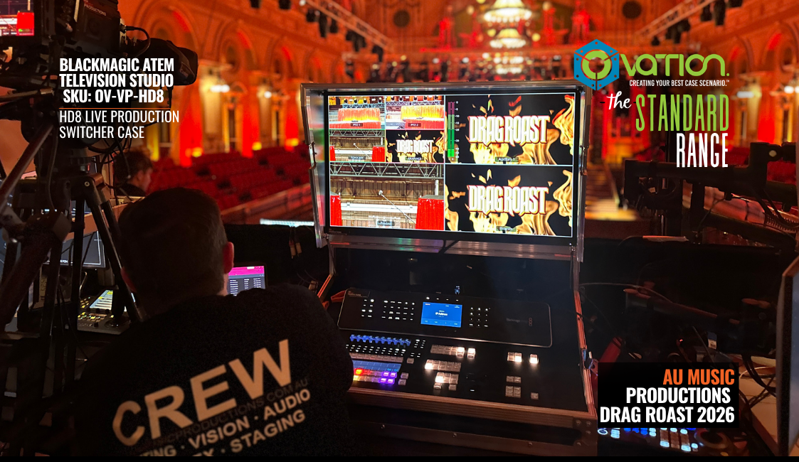 AU Music Productions using the Ovation OV-VP-HD8 Blackmagic ATEM Television Studio HD8 switcher case at Drag Roast 2026