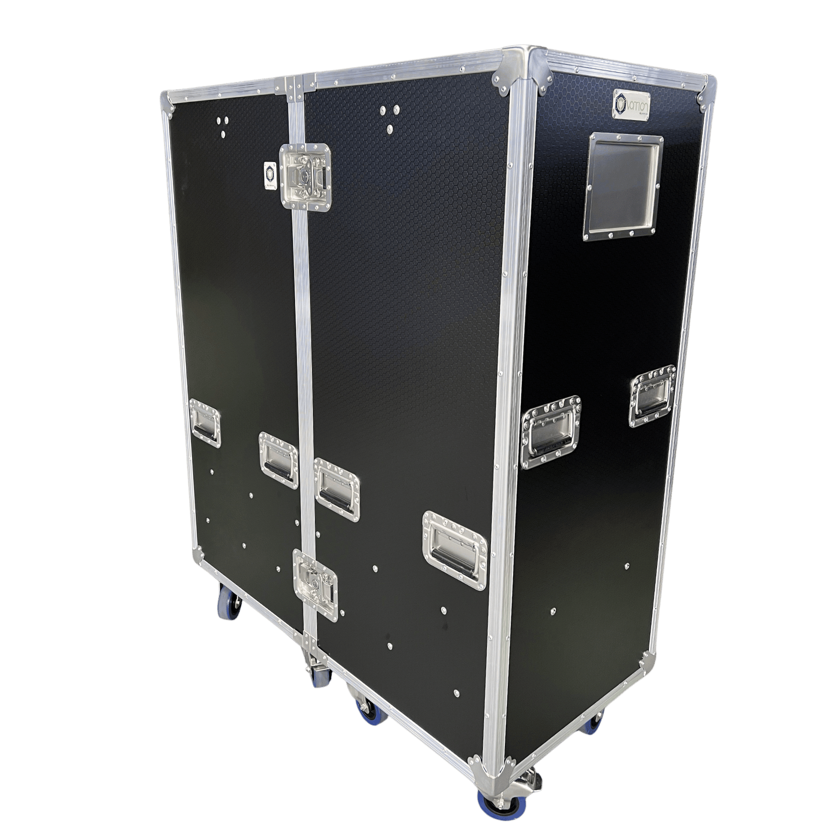 Angled view of Ovation detachable dual wardrobe road case with 12mm black Hex plywood and castors