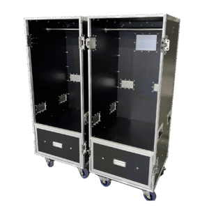 Open Ovation detachable wardrobe road case showing two hanging rails and two lower storage drawers