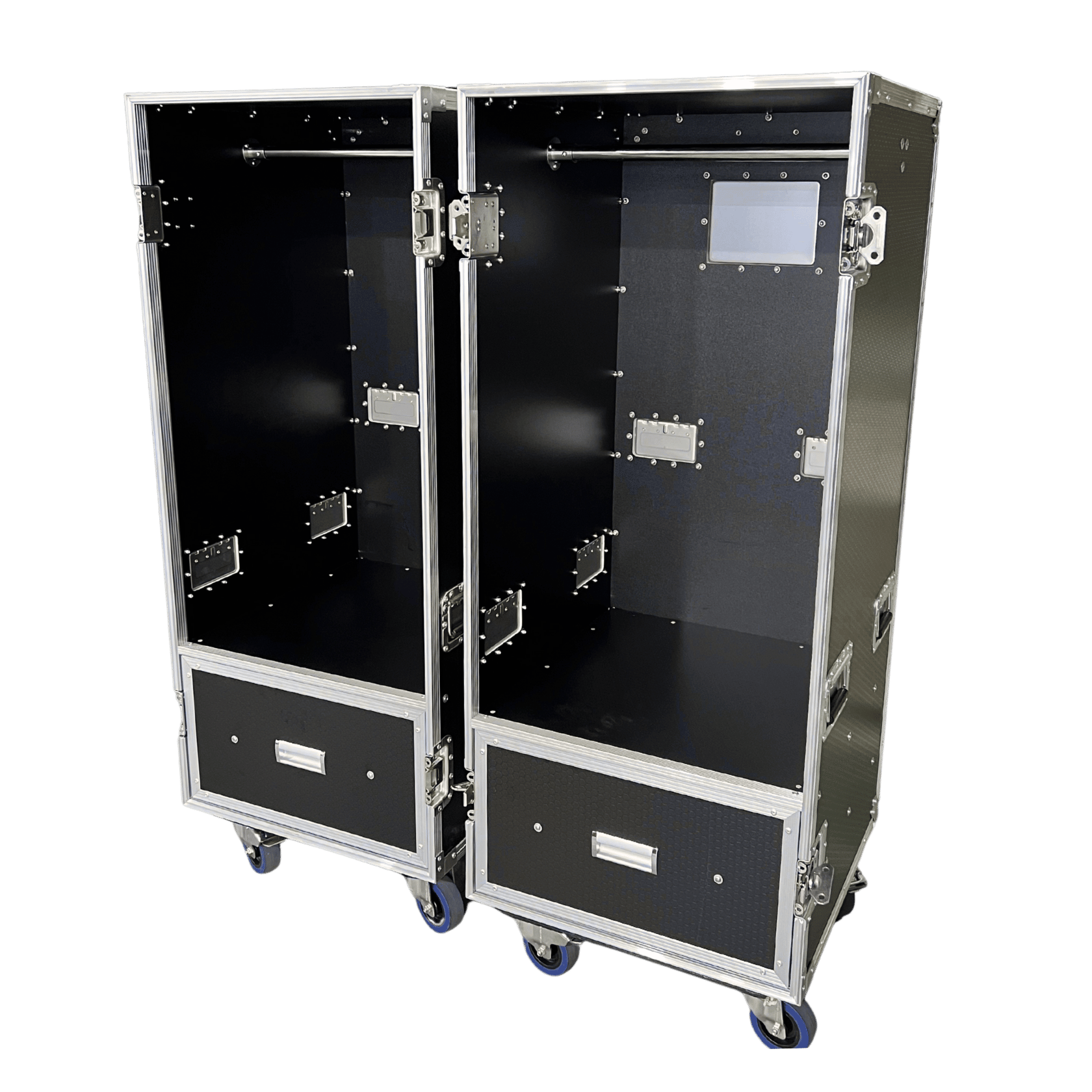 Open Ovation detachable wardrobe road case showing two hanging rails and two lower storage drawers