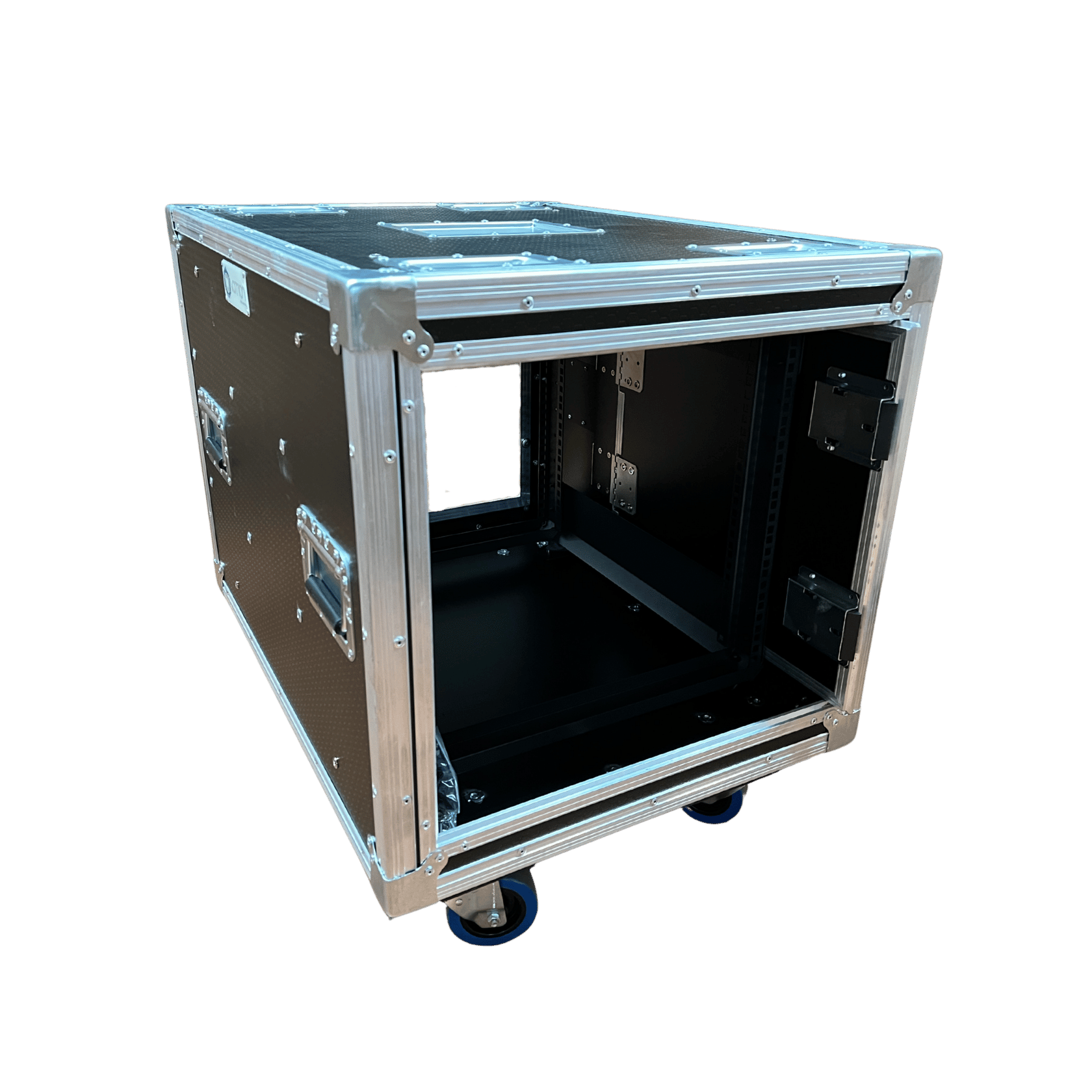Ovation 10RU anti-vibration rack mount case open showing 19 inch rack frame and slide-away door