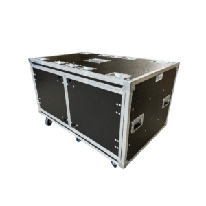 Ovation Dual 12RU anti-vibration rack mount road case with doors closed and castors