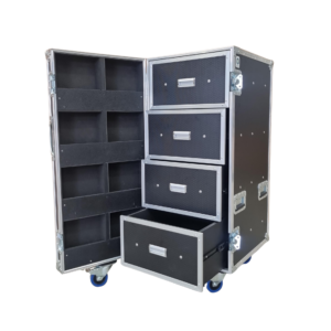 Ovation custom 4 drawer road case with eight door storage compartments – open