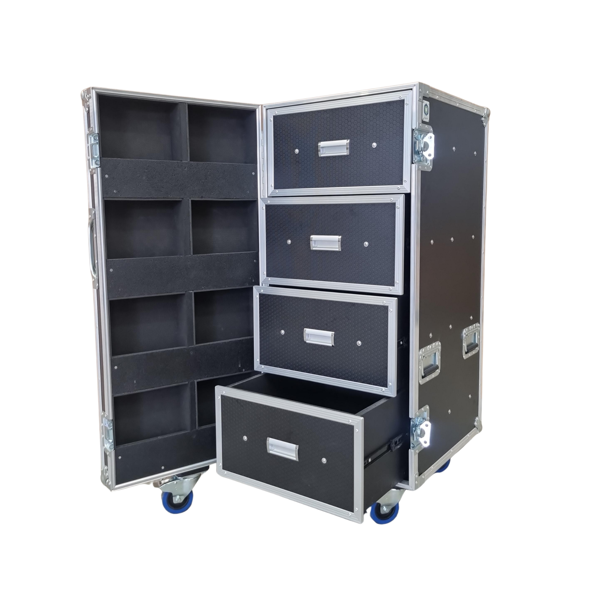 Ovation 4 Drawer Road Case with 8 Door Shelves & Castors, 695 × 550 × 1307mm – Black