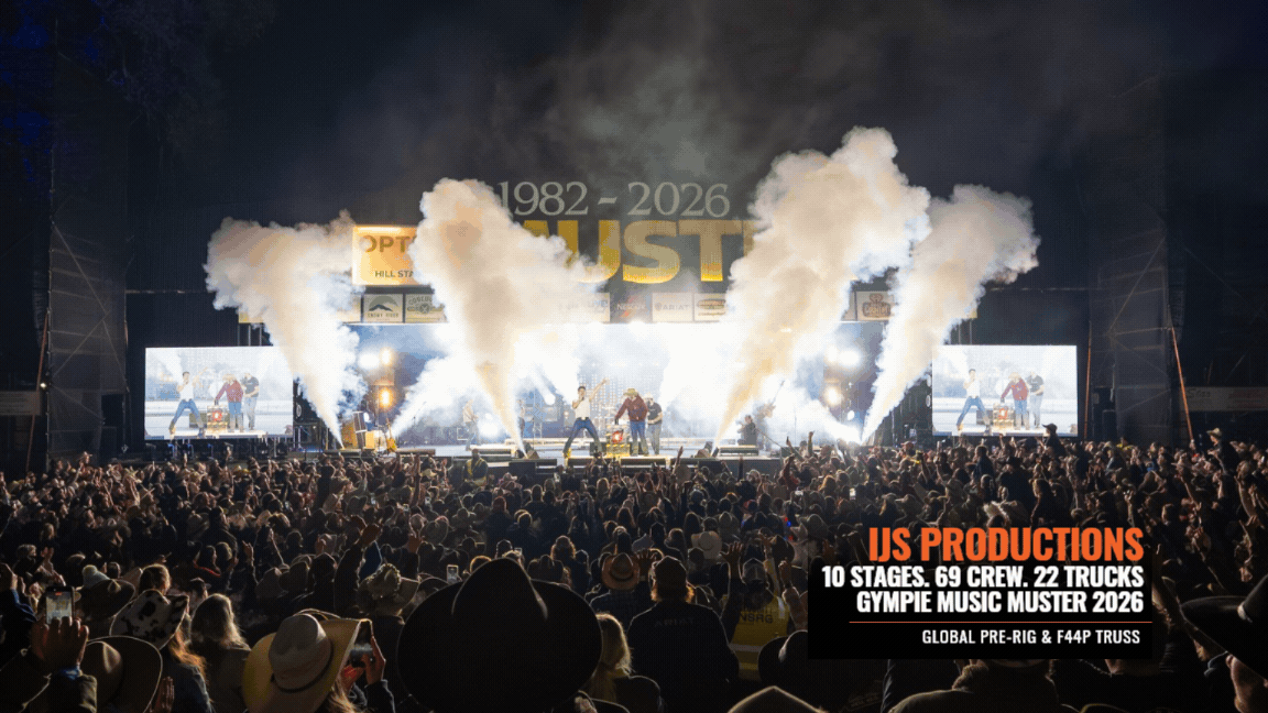 IJS Productions at Gympie Music Muster 2026, featuring live stage performances, lighting, crowd scenes and Global Truss Pre-Rig and F44P Truss. Copy