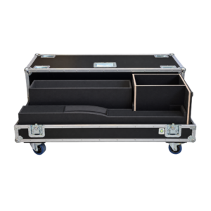 Open Ovation Custom L-Acoustics Syva road cases showing dedicated compartments for Syva speaker components and additional storage.