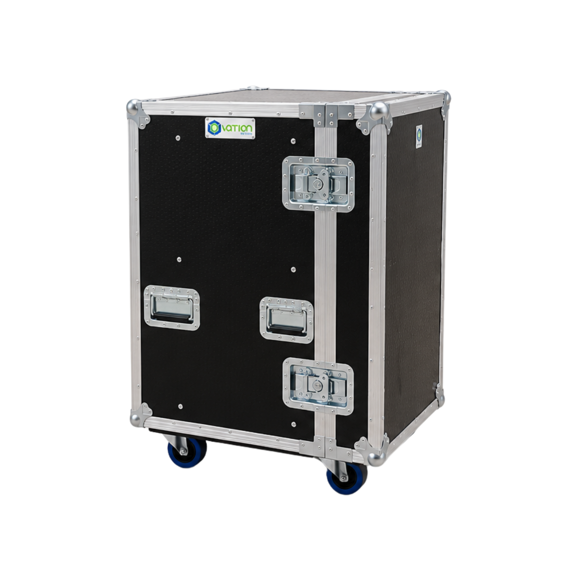 Ovation Medium Sleeve Stacking Case OV-RM-STACK-M, black 12mm Hex Ply road case with aluminium edging and castors, up to 12RU capacity.