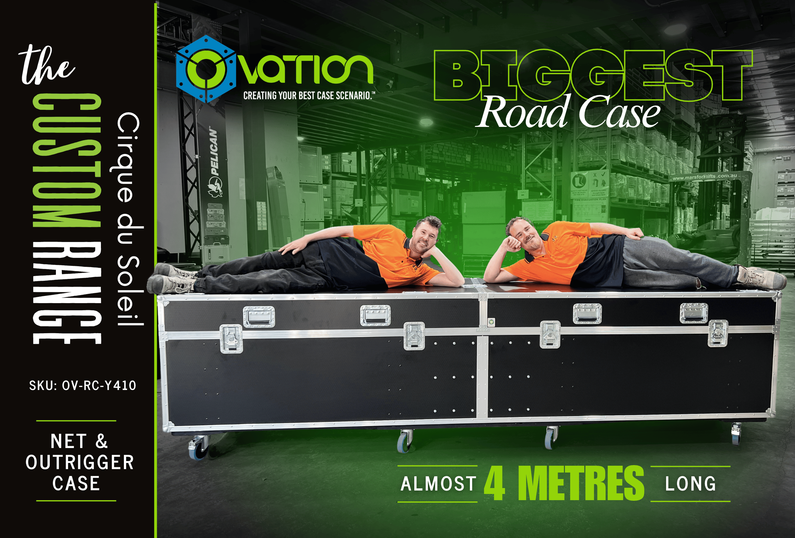 Two Design Quintessence team members lying on an almost 4-metre-long Ovation Custom road case built for Cirque du Soleil.