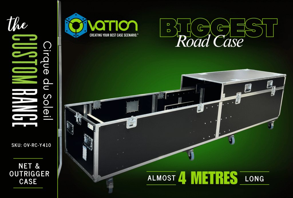 Ovation Custom oversized road case for Cirque du Soleil, shown in a branded product graphic highlighting its almost 4-metre length.