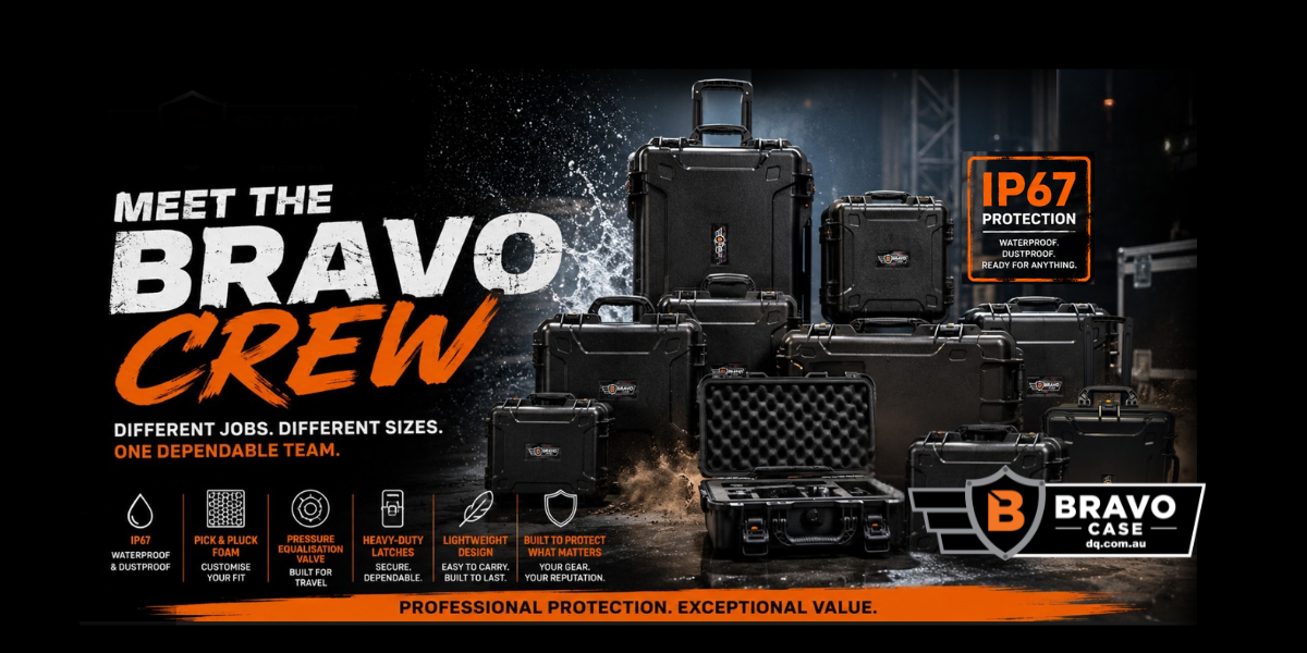 Bravo Cases hard case range showing all 11 waterproof equipment cases from Barry to Bruce with the slogan "Tough Family. Hard Cases.